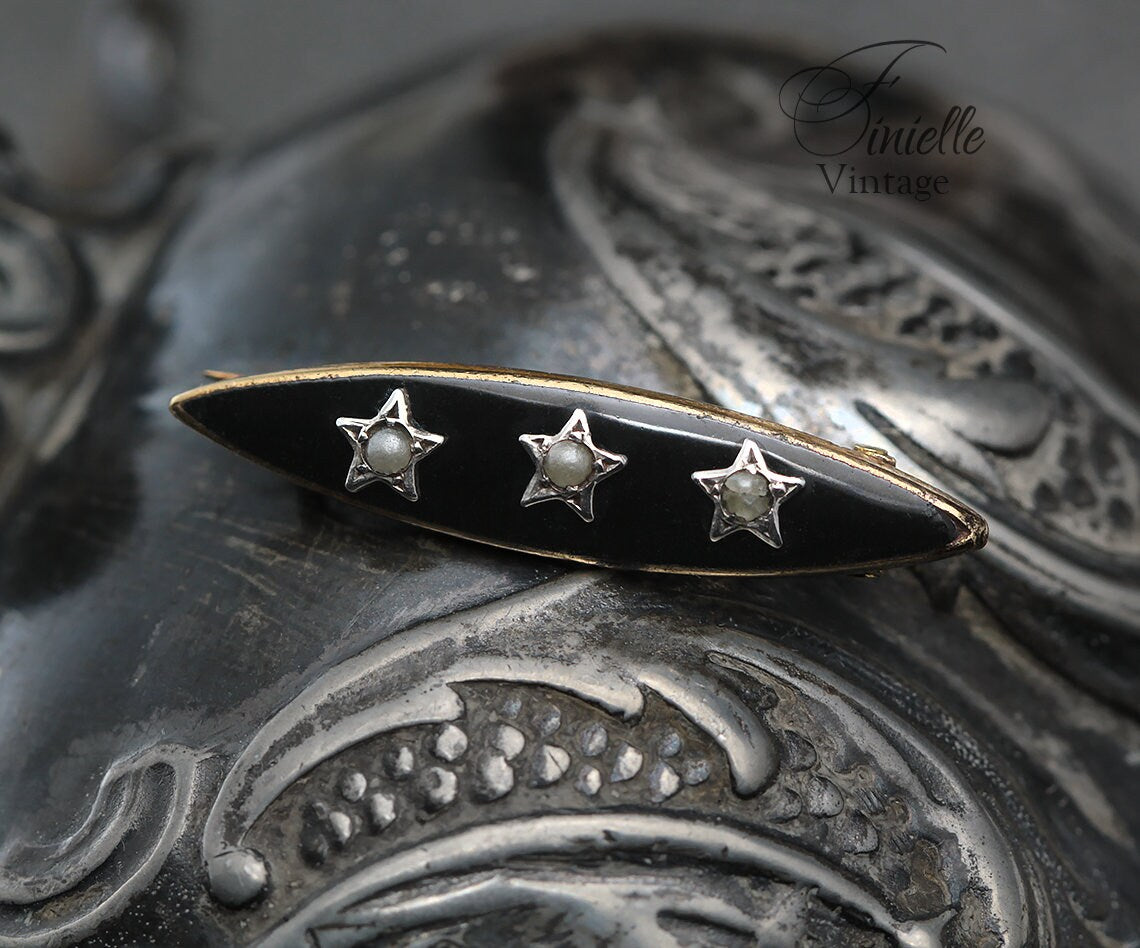 Antique Small Victorian Marquise Black Mourning Brooch Pin, Gold Plated, Sterling Silver Stars, Black Onyx, Seed Pearl, Antique Goth Jewelry