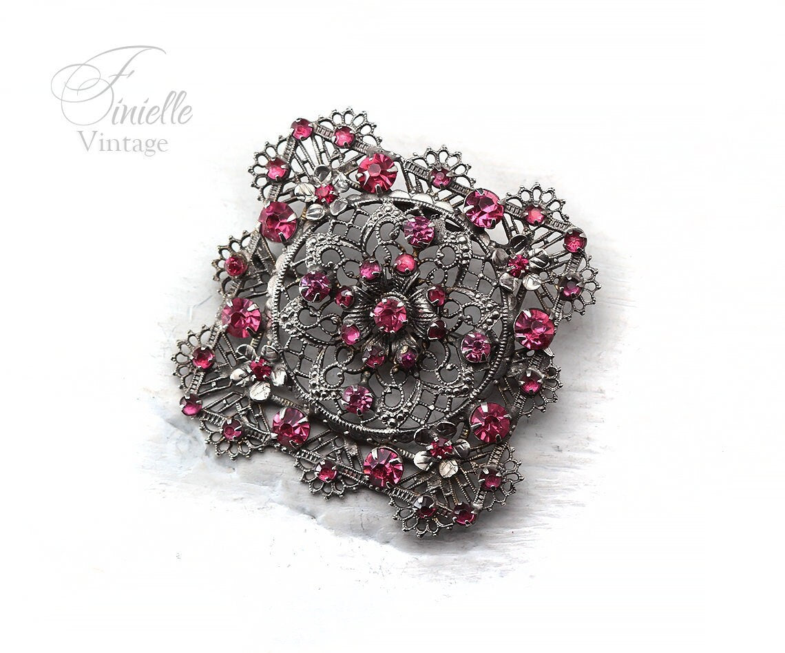 Art Deco Bohemian 1920-1930s Czech Filigree Brooch, Purple Pink Crystal Rhinestone, Silver Plated, Antique Vintage Jewelry, Gift for Women