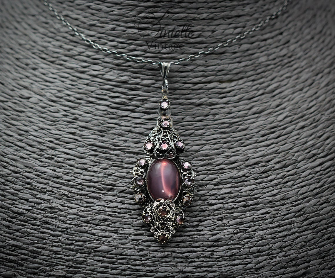 Antique Vintage 1920-1930 Czech Art Deco, Repurposed Earring, Filigree Ornate Pendant Necklace, Antique Silver Plated, Unique Vintage Gift