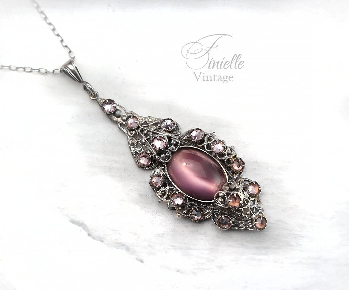 Antique Vintage 1920-1930 Czech Art Deco, Repurposed Earring, Filigree Ornate Pendant Necklace, Antique Silver Plated, Unique Vintage Gift