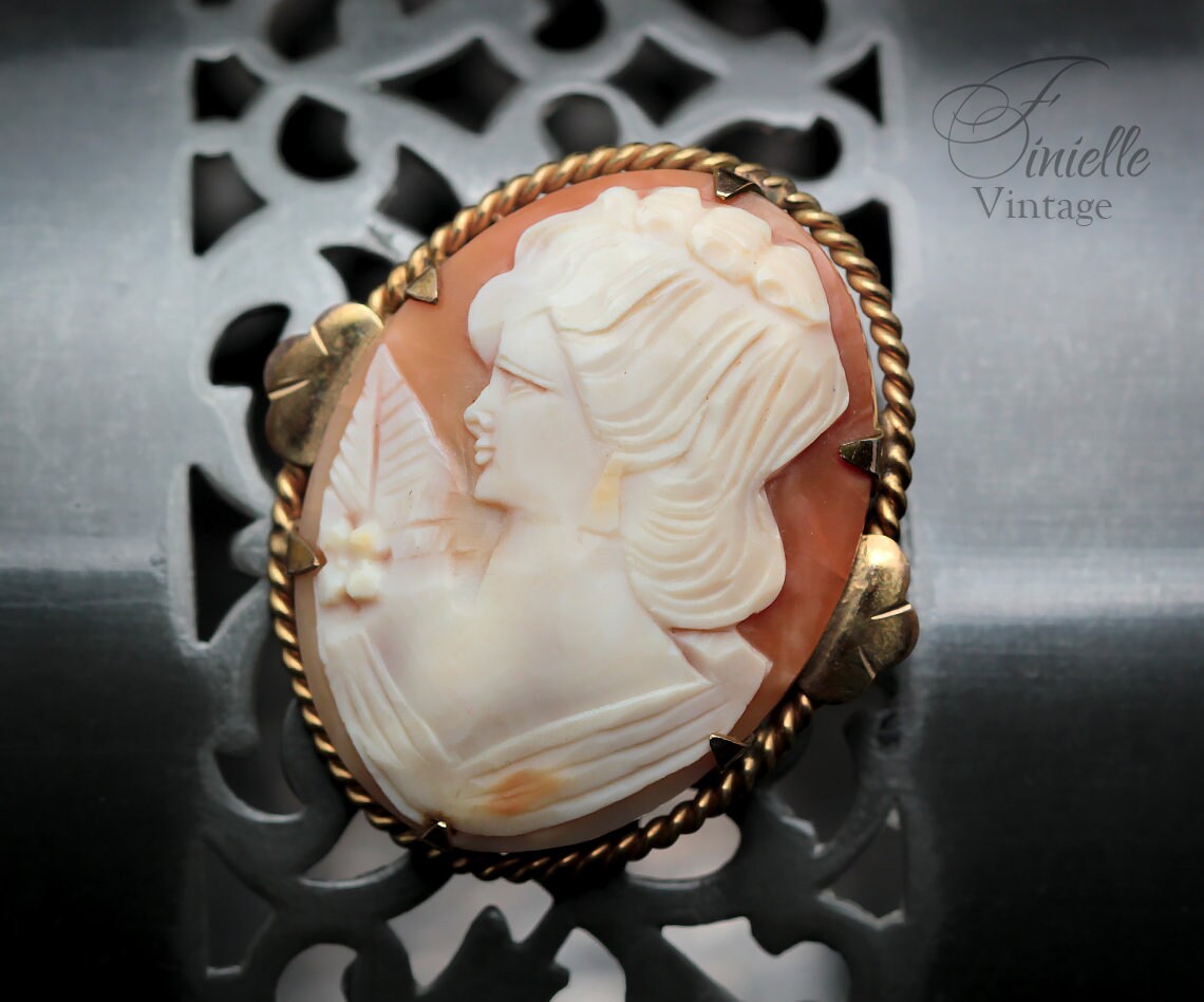 Antique Vintage 1920-1940 Art Deco Hand Carved Rolled Gold Shell Cameo Brooch Pin, Stamped RG, Unique Gift Jewelry Jewellery