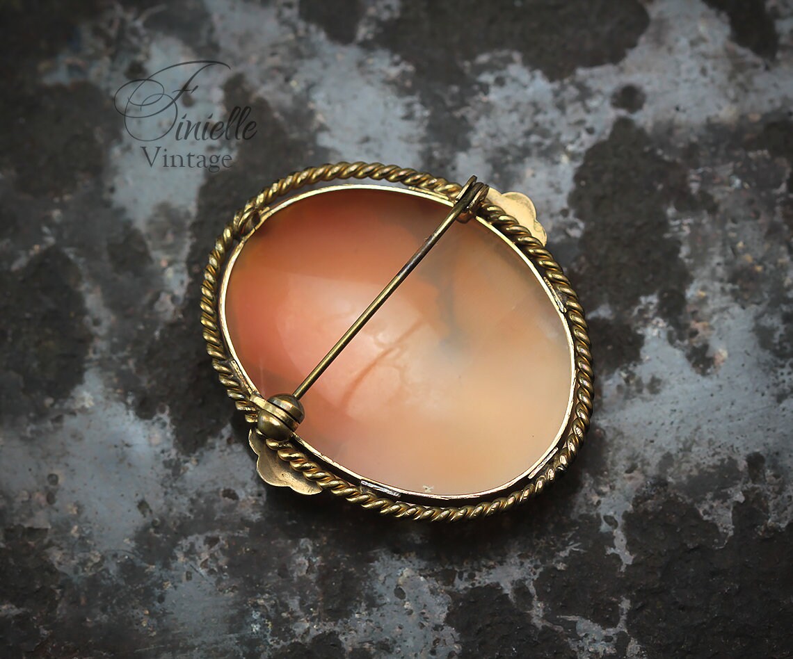Antique Vintage 1920-1940 Art Deco Hand Carved Rolled Gold Shell Cameo Brooch Pin, Stamped RG, Unique Gift Jewelry Jewellery