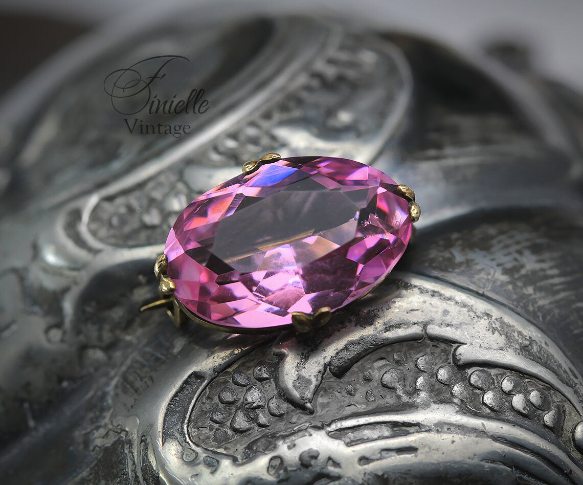 Antique Edwardian Era 1901-1910 Gilded Brass Lace Brooch, Faceted Paste Faux Pink Topaz, Unique Gift Jewellery Jewelry
