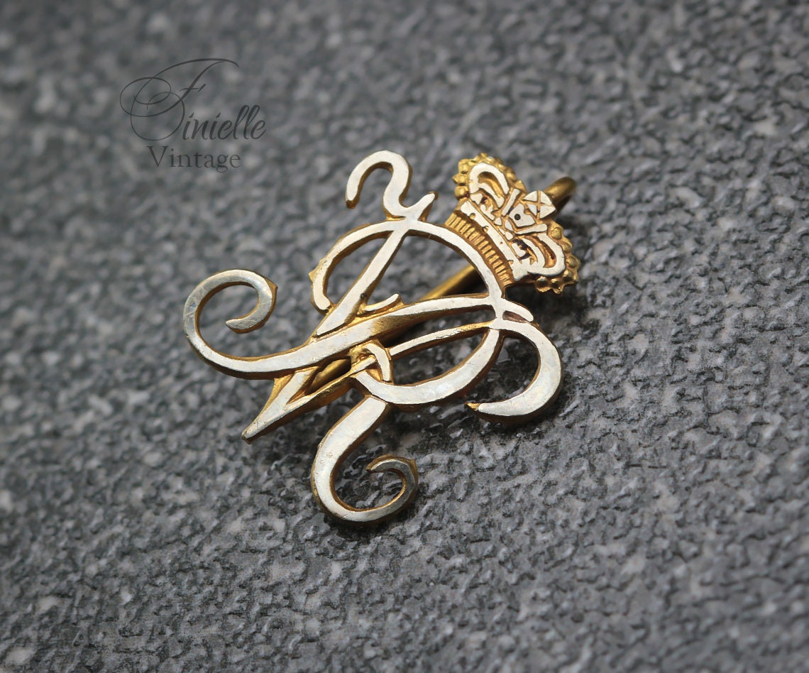 Antique Queen Victoria Initials Monogram Pin Badge, Gold Plated Brass, Silver Filled Front, RARE item