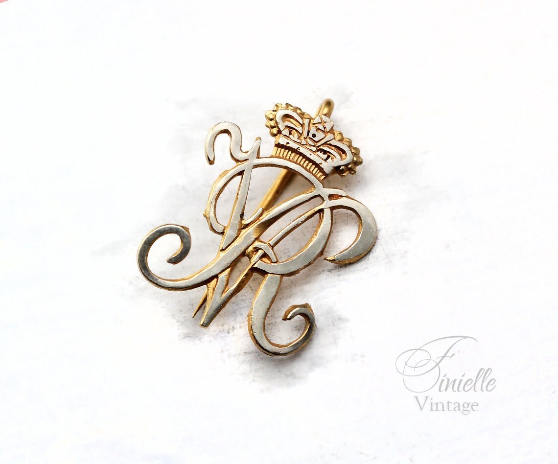 Antique Queen Victoria Initials Monogram Pin Badge, Gold Plated Brass, Silver Filled Front, RARE item