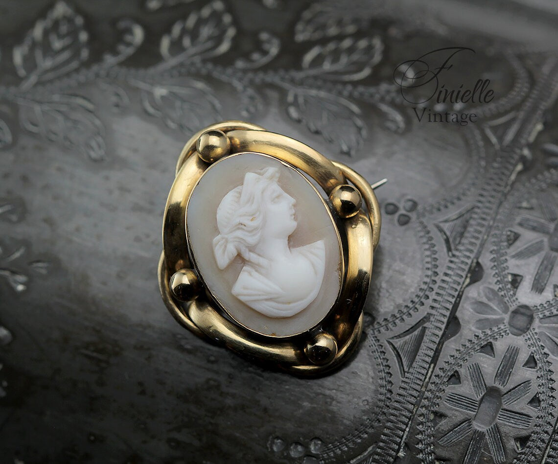 Antique 1880-1900 Victorian Hand Carved Gold Plated Shell Cameo Brooch Pin, Unique Gift Jewelry Jewellery