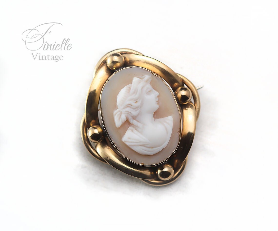 Antique 1880-1900 Victorian Hand Carved Gold Plated Shell Cameo Brooch Pin, Unique Gift Jewelry Jewellery
