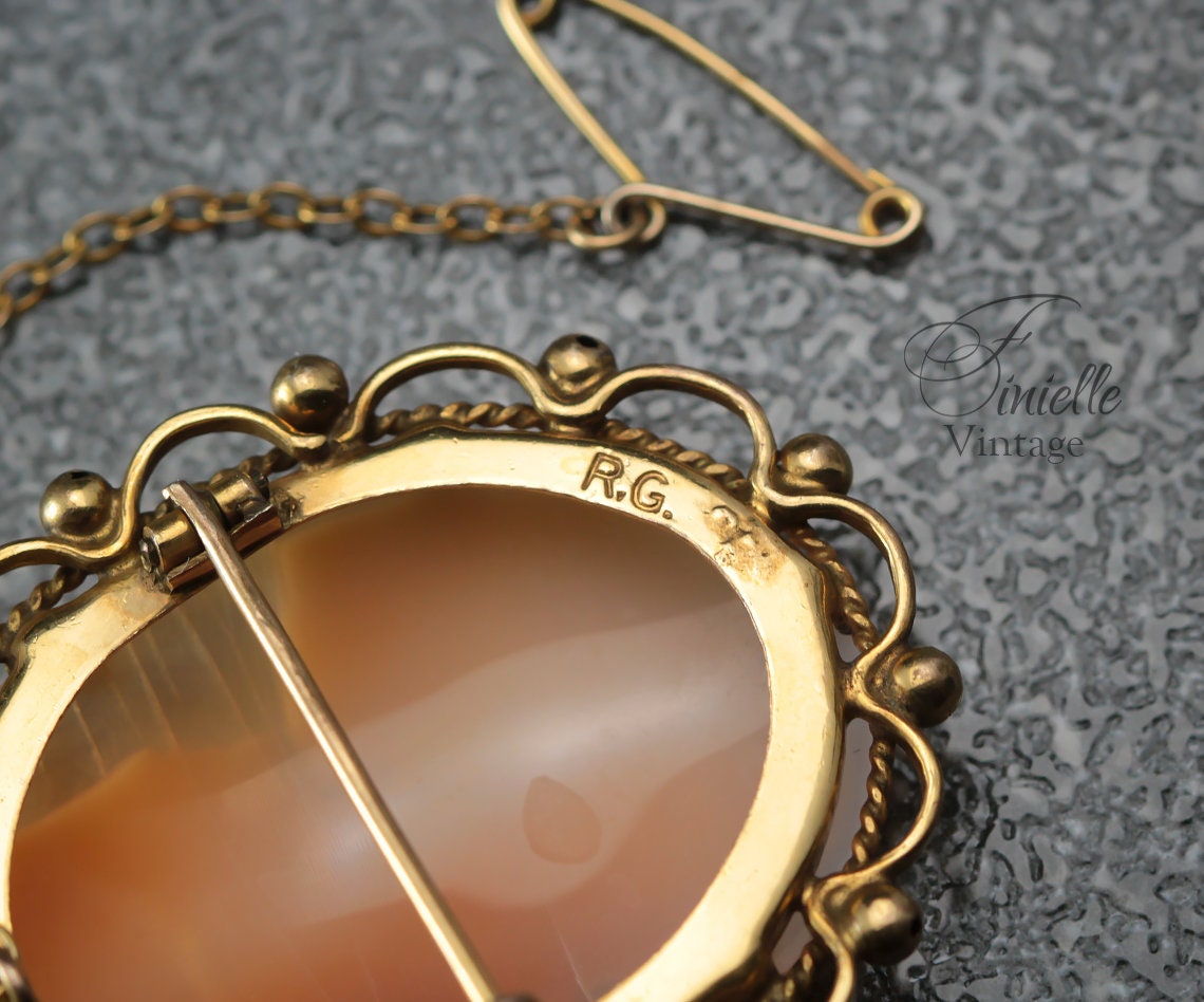 Antique 1880-1900 Victorian Hand Carved Rolled Gold Shell Cameo Brooch Pin, Stamped RG, Safety Chain, Unique Gift Jewelry Jewellery