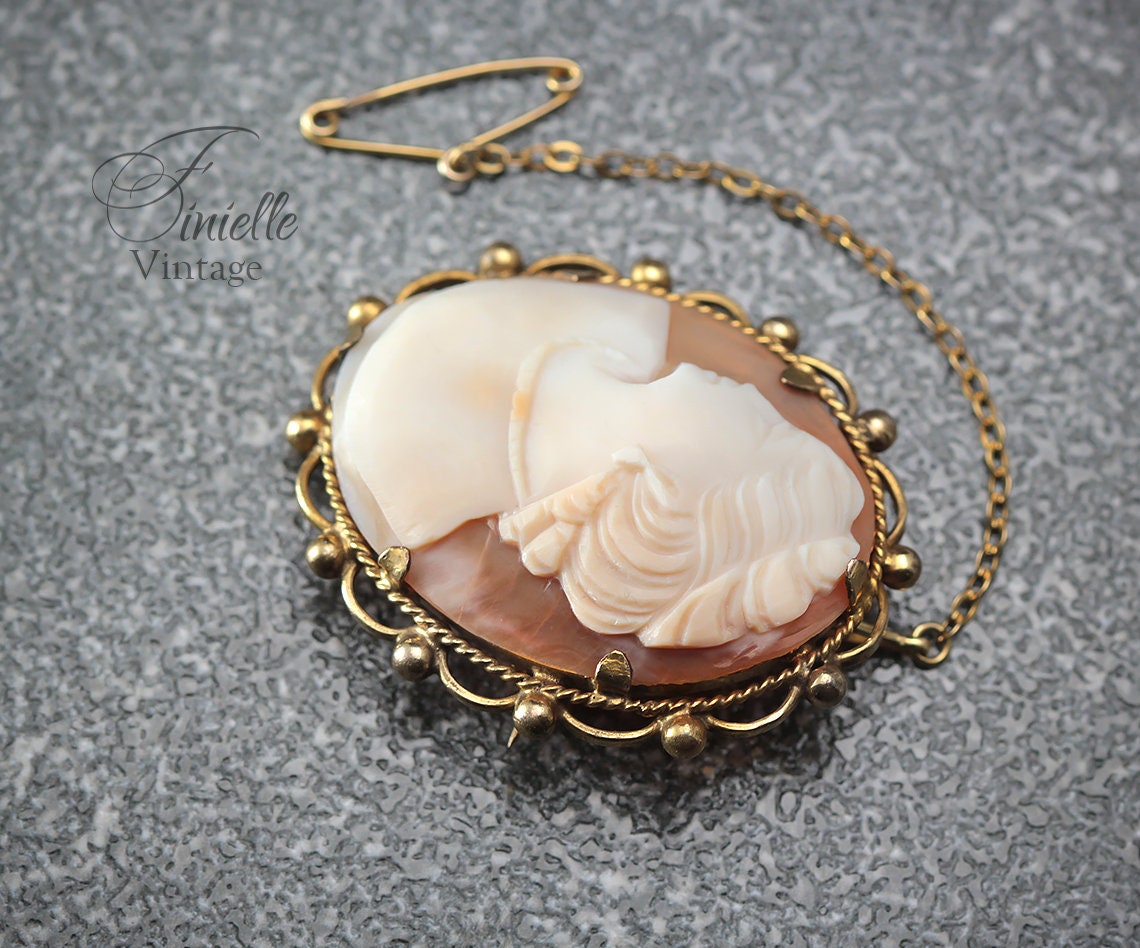 Antique 1880-1900 Victorian Hand Carved Rolled Gold Shell Cameo Brooch Pin, Stamped RG, Safety Chain, Unique Gift Jewelry Jewellery