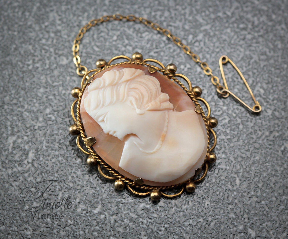 Antique 1880-1900 Victorian Hand Carved Rolled Gold Shell Cameo Brooch Pin, Stamped RG, Safety Chain, Unique Gift Jewelry Jewellery