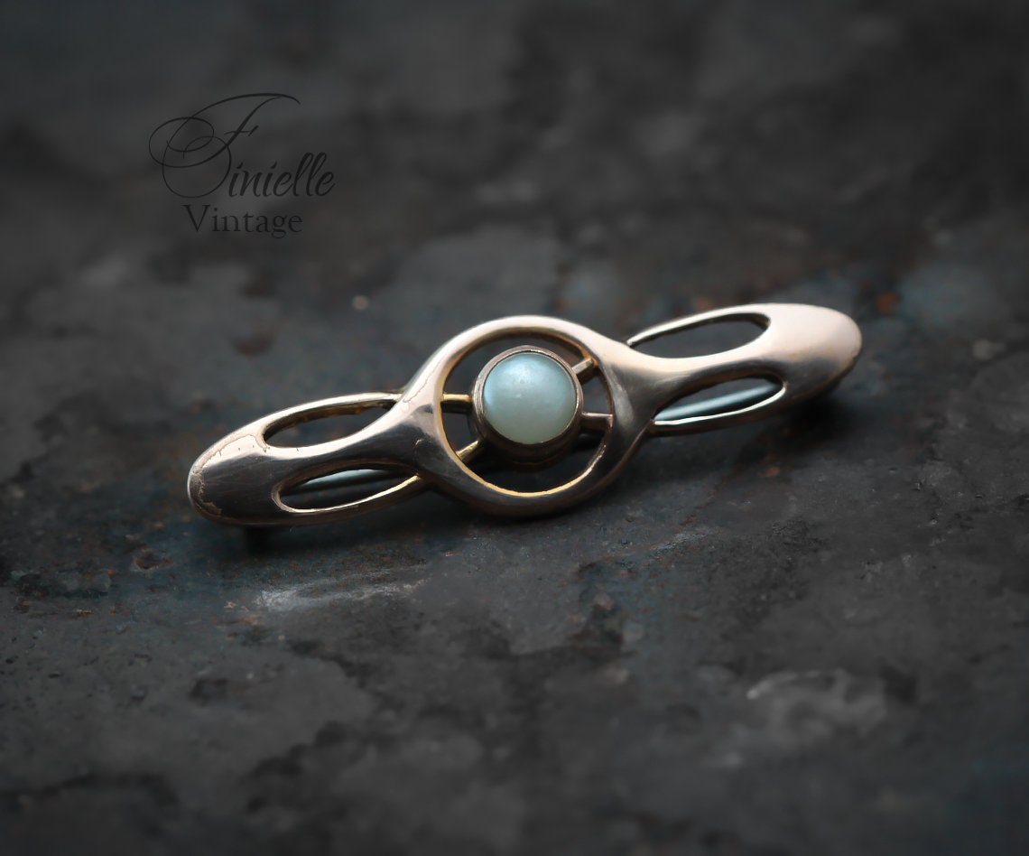 Antique Art Nouveau 1890-1900s Rolled Rose Gold Brooch Pin with Paste Pearl, Stamped CH, Gold-tone Jewellery Jewelry, Gift for Women