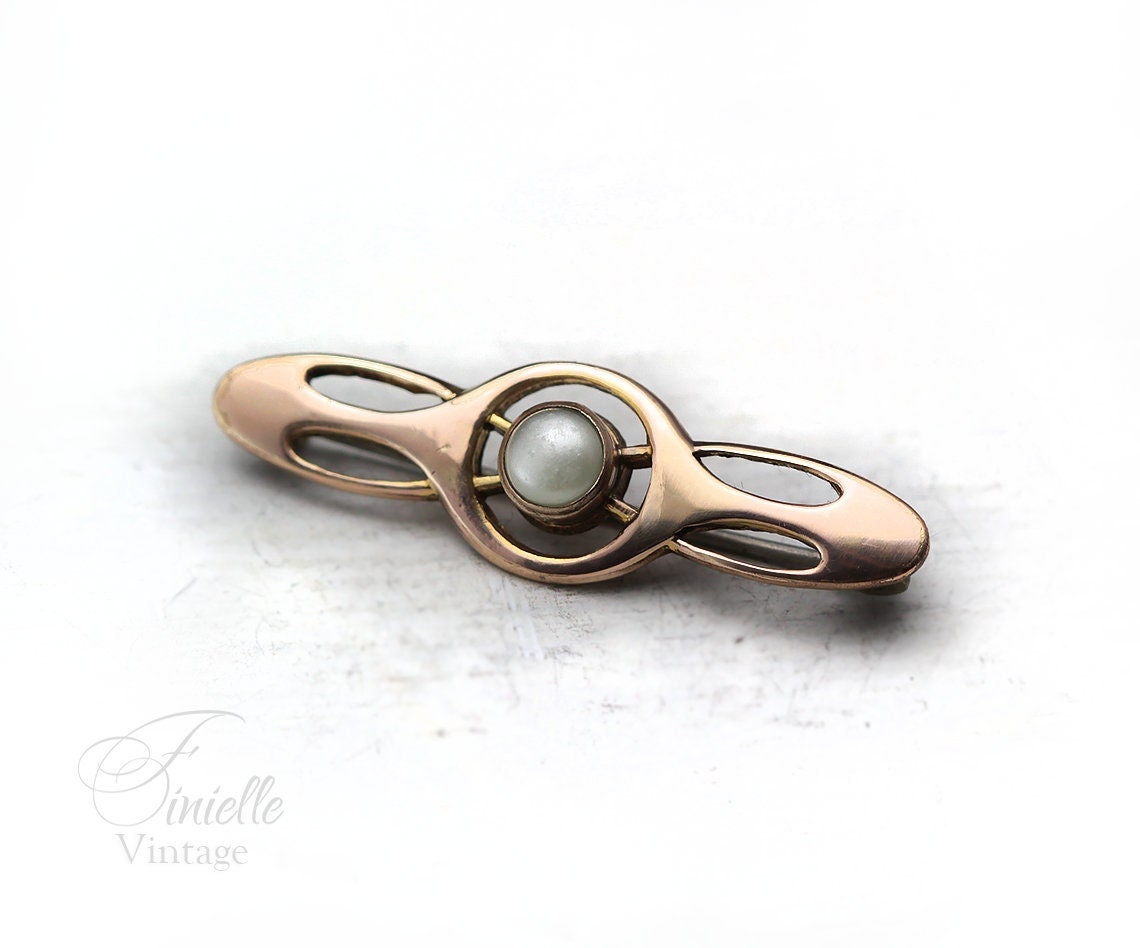 Antique Art Nouveau 1890-1900s Rolled Rose Gold Brooch Pin with Paste Pearl, Stamped CH, Gold-tone Jewellery Jewelry, Gift for Women