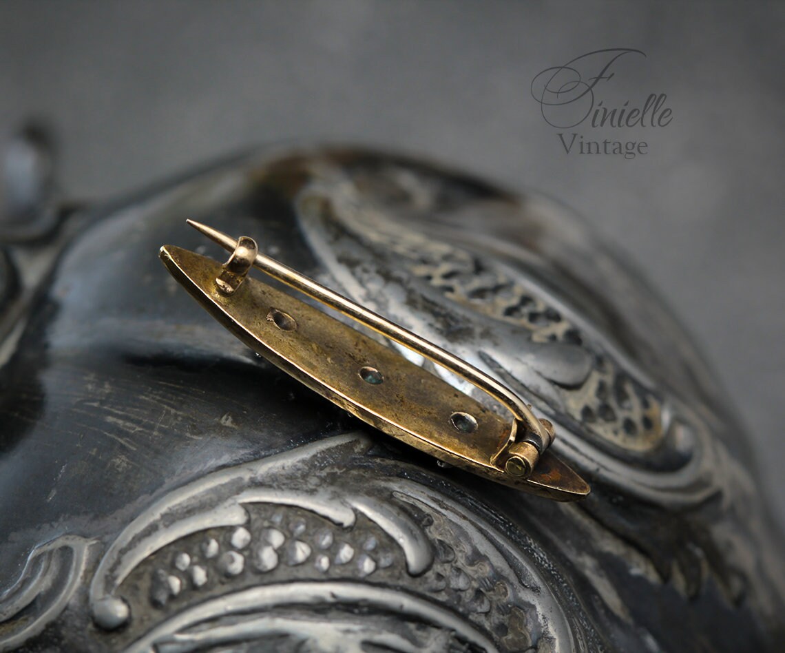 Antique Small Victorian Marquise Black Mourning Brooch Pin, Gold Plated, Sterling Silver Stars, Black Onyx, Seed Pearl, Antique Goth Jewelry