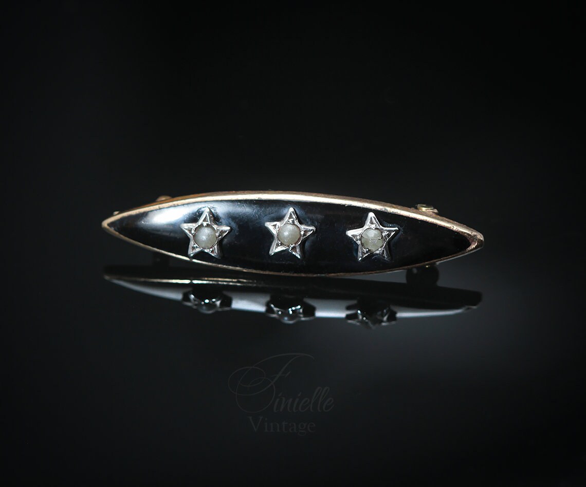 Antique Small Victorian Marquise Black Mourning Brooch Pin, Gold Plated, Sterling Silver Stars, Black Onyx, Seed Pearl, Antique Goth Jewelry