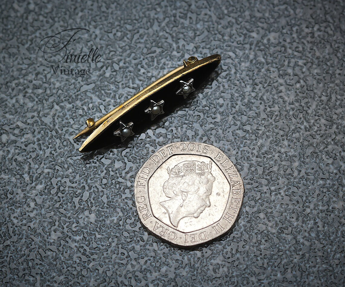 Antique Small Victorian Marquise Black Mourning Brooch Pin, Gold Plated, Sterling Silver Stars, Black Onyx, Seed Pearl, Antique Goth Jewelry