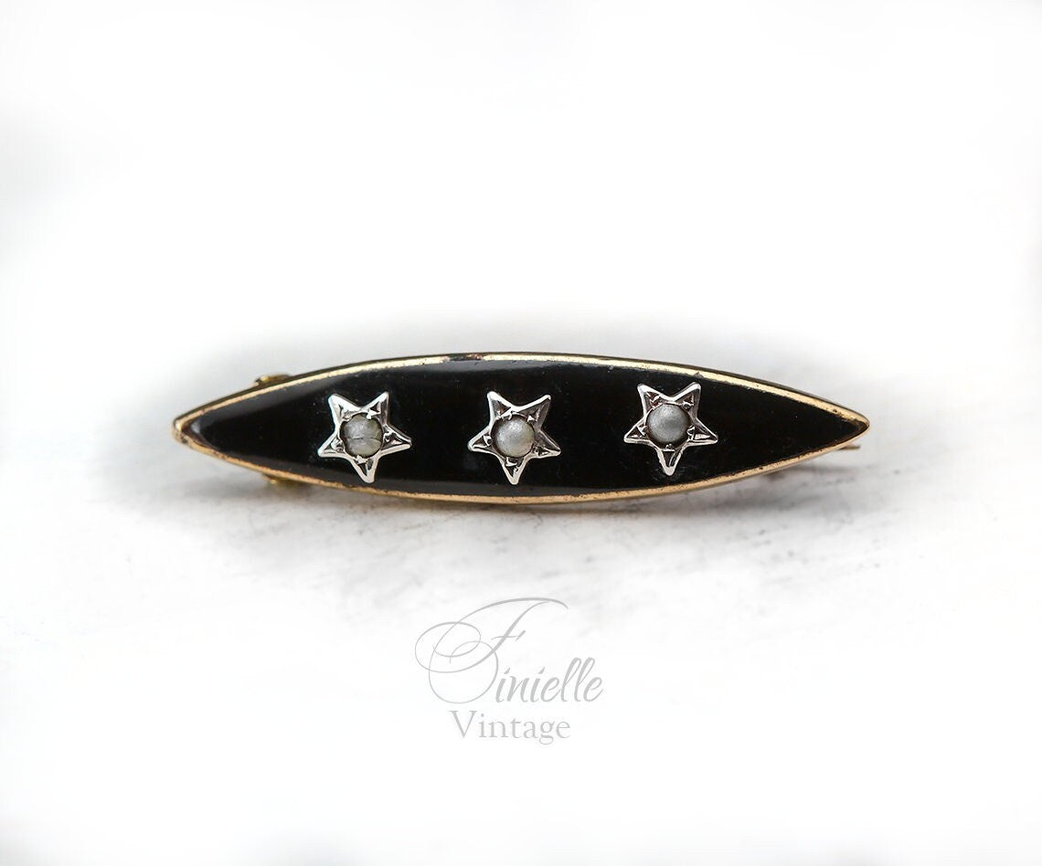 Antique Small Victorian Marquise Black Mourning Brooch Pin, Gold Plated, Sterling Silver Stars, Black Onyx, Seed Pearl, Antique Goth Jewelry