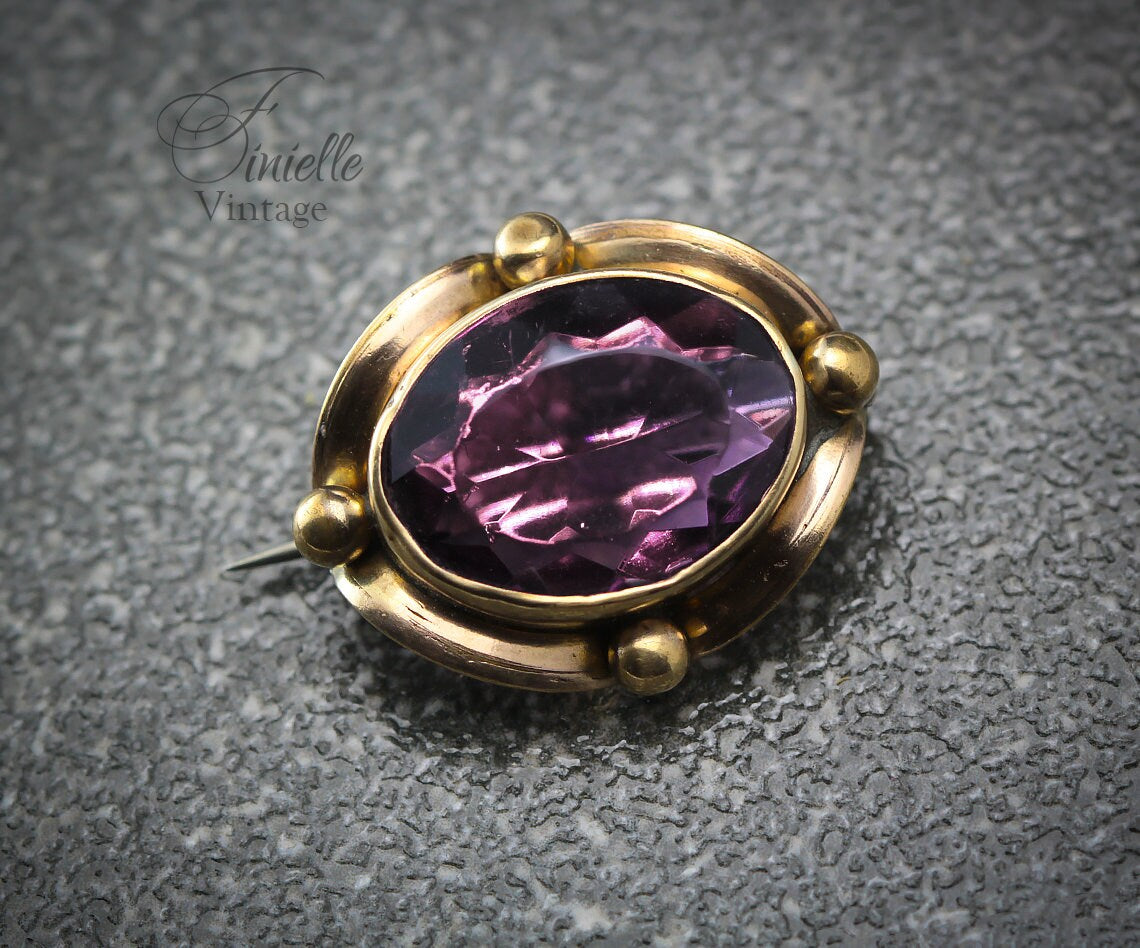 Antique Victorian Edwardian Era c1890-1910 Gilded Brass Brooch Pin, Faceted Glass Paste Faux Purple Amethyst, Unique Gift Jewellery Jewelry
