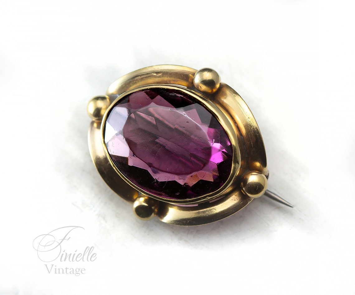 Antique Victorian Edwardian Era c1890-1910 Gilded Brass Brooch Pin, Faceted Glass Paste Faux Purple Amethyst, Unique Gift Jewellery Jewelry