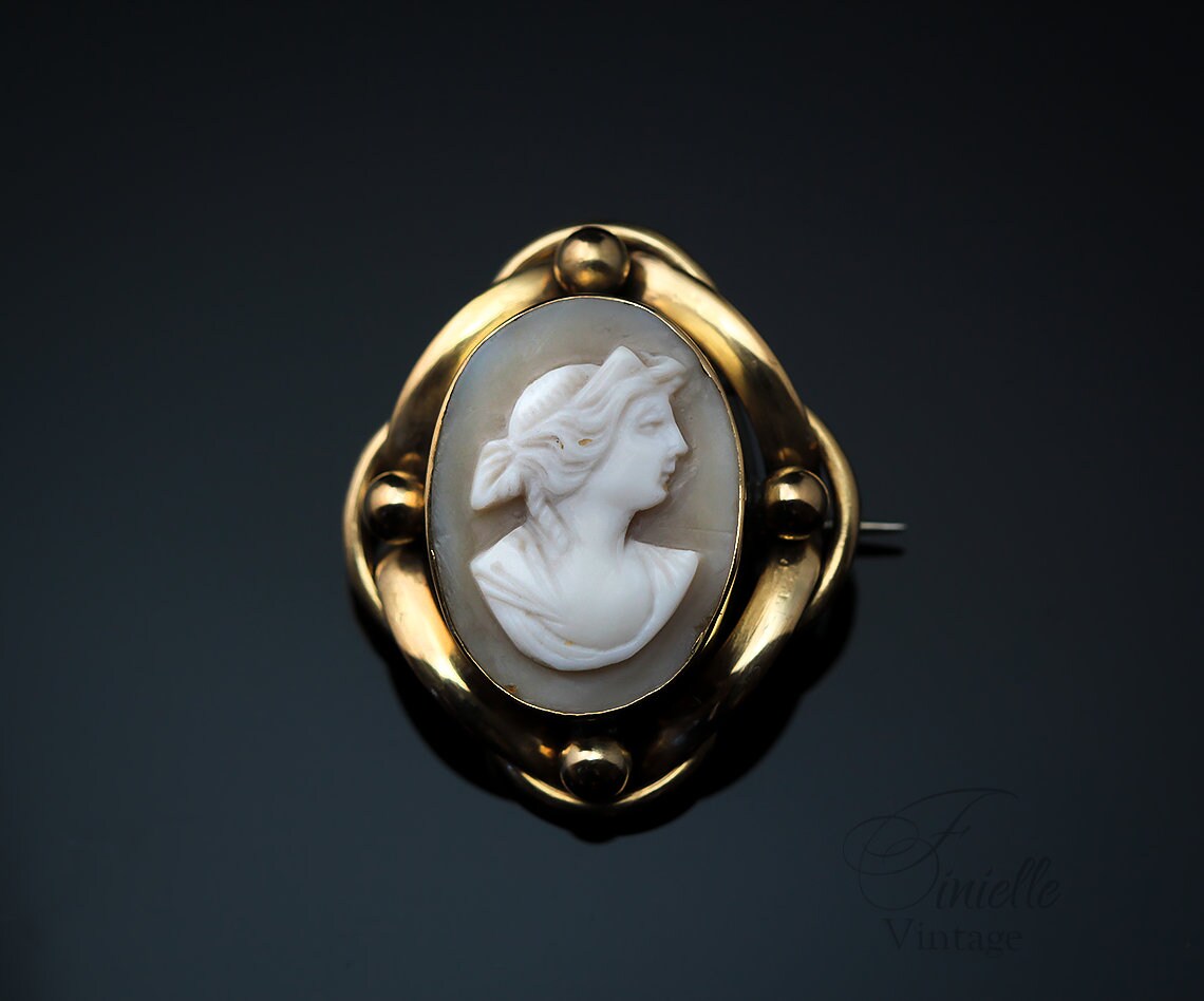 Antique 1880-1900 Victorian Hand Carved Gold Plated Shell Cameo Brooch Pin, Unique Gift Jewelry Jewellery