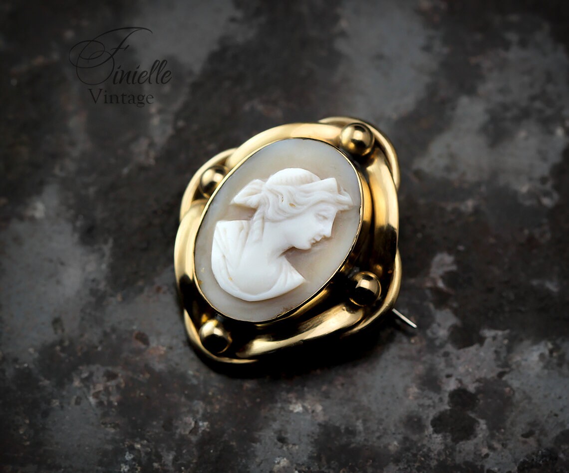 Antique 1880-1900 Victorian Hand Carved Gold Plated Shell Cameo Brooch Pin, Unique Gift Jewelry Jewellery