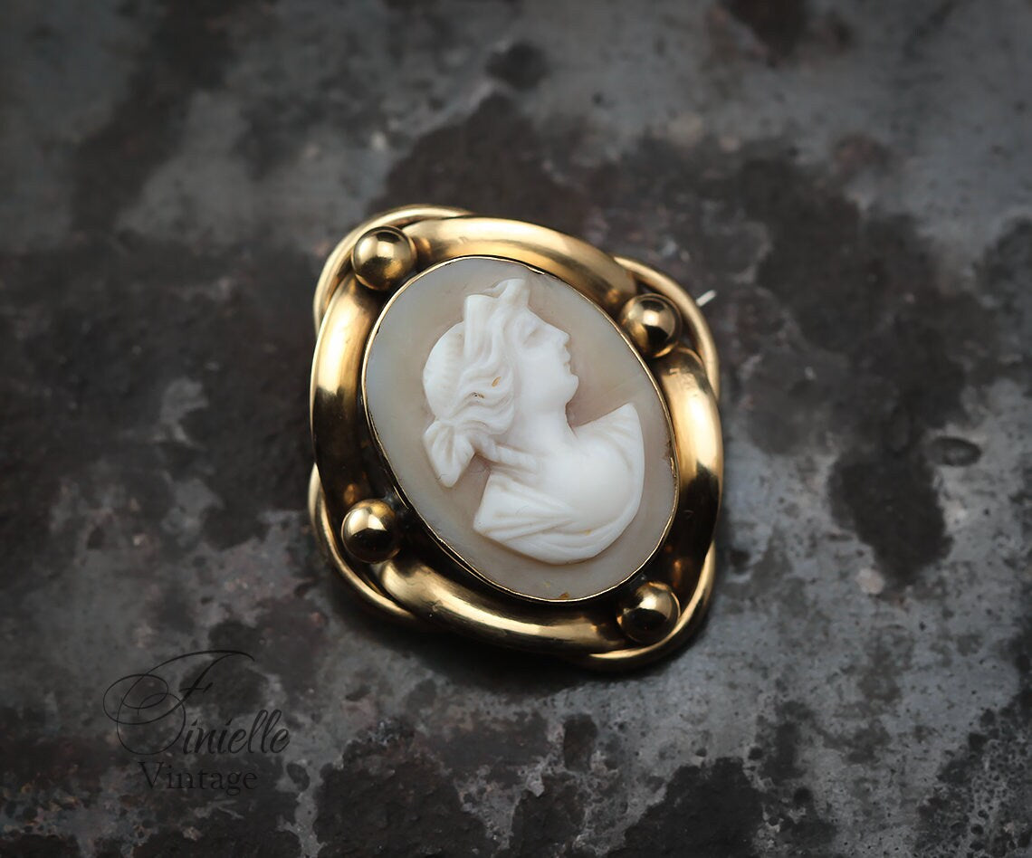 Antique 1880-1900 Victorian Hand Carved Gold Plated Shell Cameo Brooch Pin, Unique Gift Jewelry Jewellery