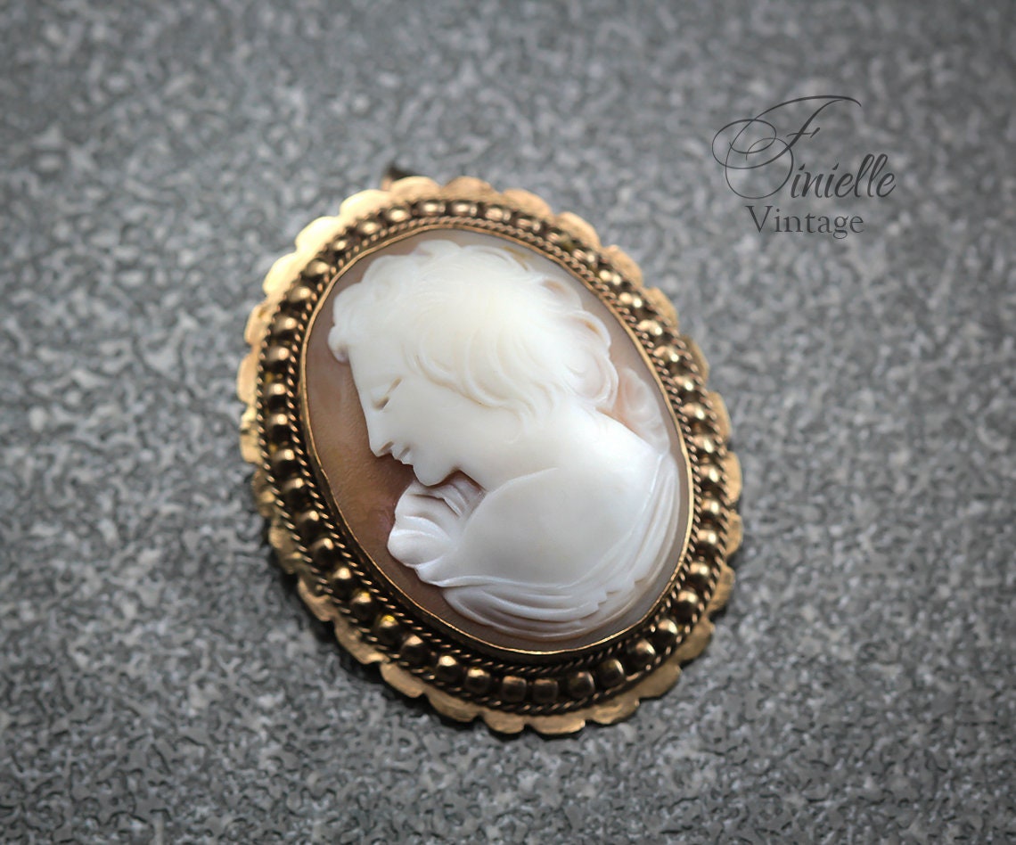 Vintage Art Deco c1920-1930, Hand Carved Shell Cameo Brooch Pin Pendant, Ornate Filigree, Gold Plated, Unique Gift Jewelry Jewellery