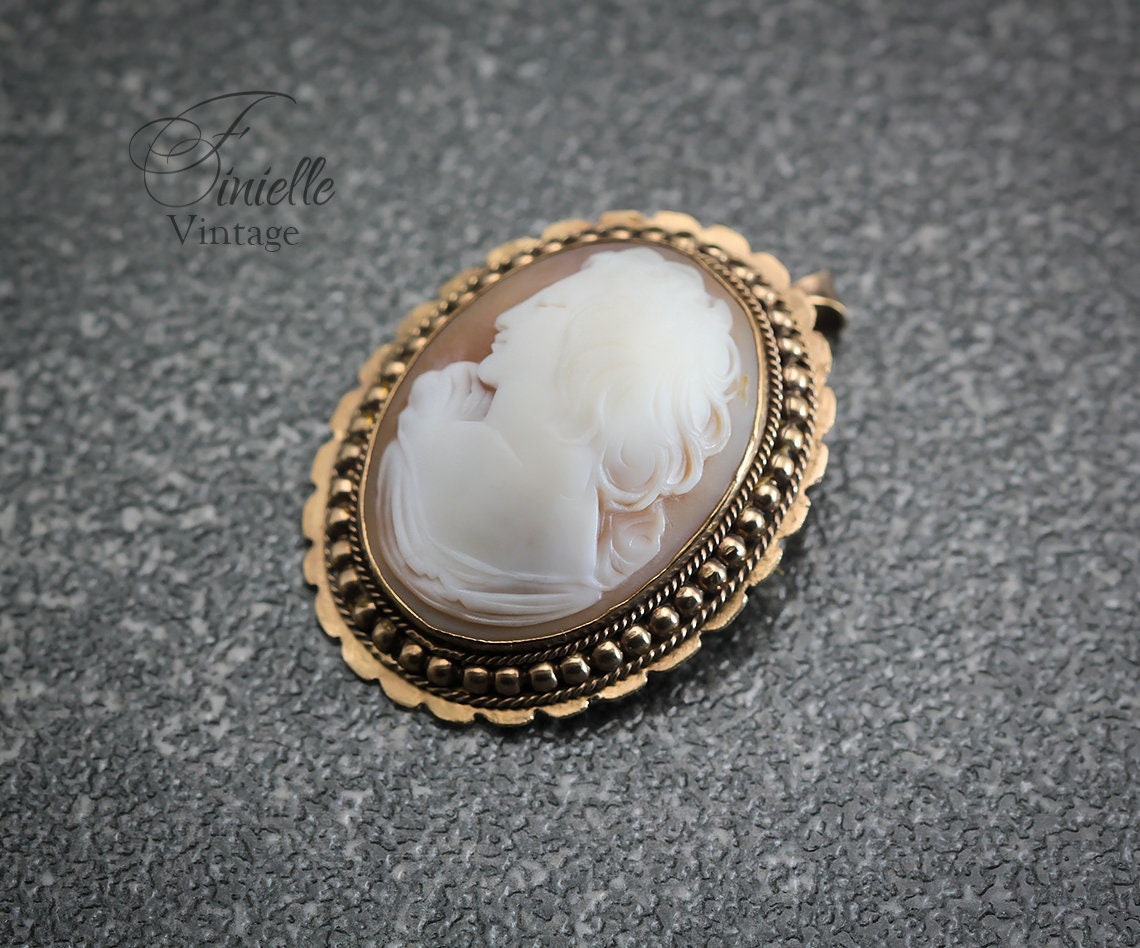 Vintage Art Deco c1920-1930, Hand Carved Shell Cameo Brooch Pin Pendant, Ornate Filigree, Gold Plated, Unique Gift Jewelry Jewellery