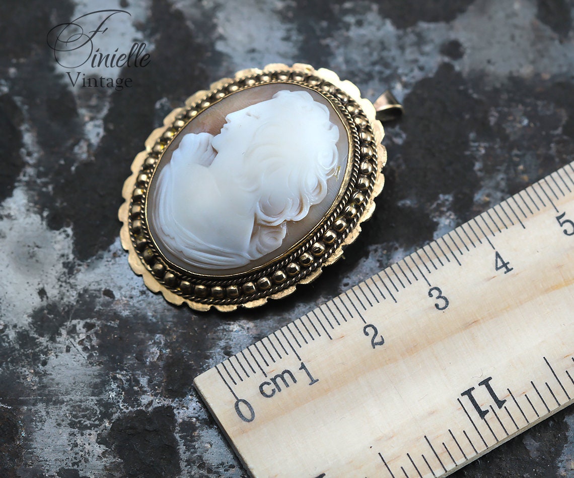 Vintage Art Deco c1920-1930, Hand Carved Shell Cameo Brooch Pin Pendant, Ornate Filigree, Gold Plated, Unique Gift Jewelry Jewellery