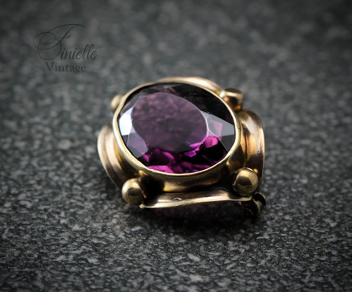 Antique Victorian Edwardian Era c1890-1910 Gilded Brass Brooch Pin, Faceted Glass Paste Faux Purple Amethyst, Unique Gift Jewellery Jewelry