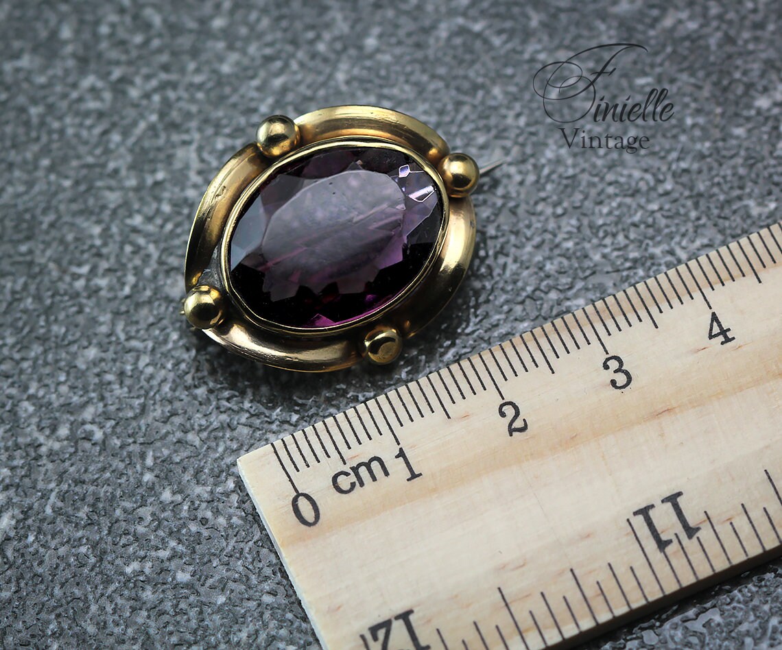Antique Victorian Edwardian Era c1890-1910 Gilded Brass Brooch Pin, Faceted Glass Paste Faux Purple Amethyst, Unique Gift Jewellery Jewelry