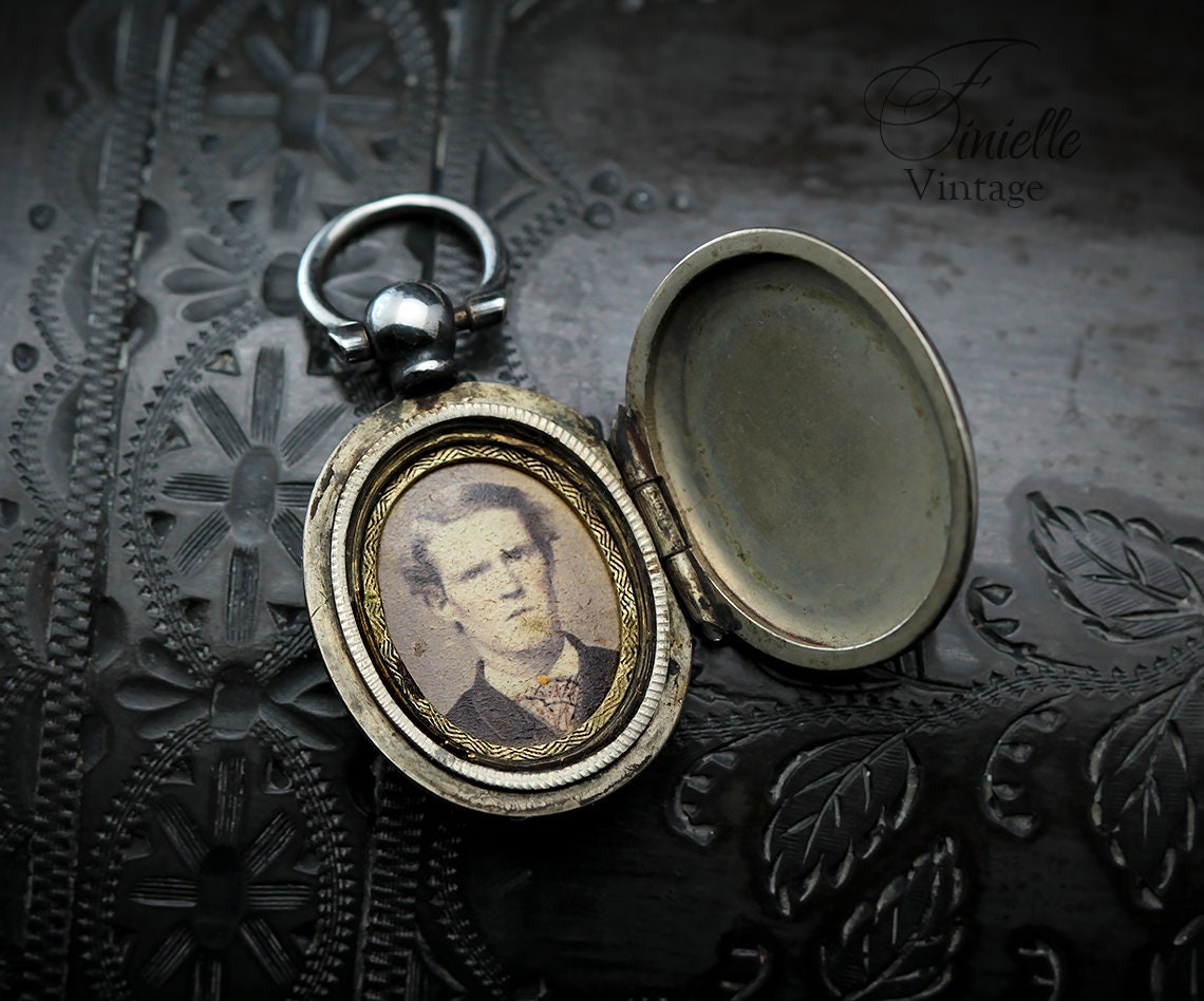Antique Edwardian Era Photo Fob Locket Pendant, Silver Plated Brass, Sepia Photo, Floral Engraved, Antique Patina, Unique Jewelry Jewellery