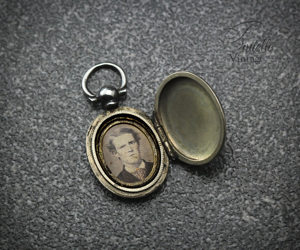 Antique Edwardian Era Photo Fob Locket Pendant, Silver Plated Brass, Sepia Photo, Floral Engraved, Antique Patina, Unique Jewelry Jewellery