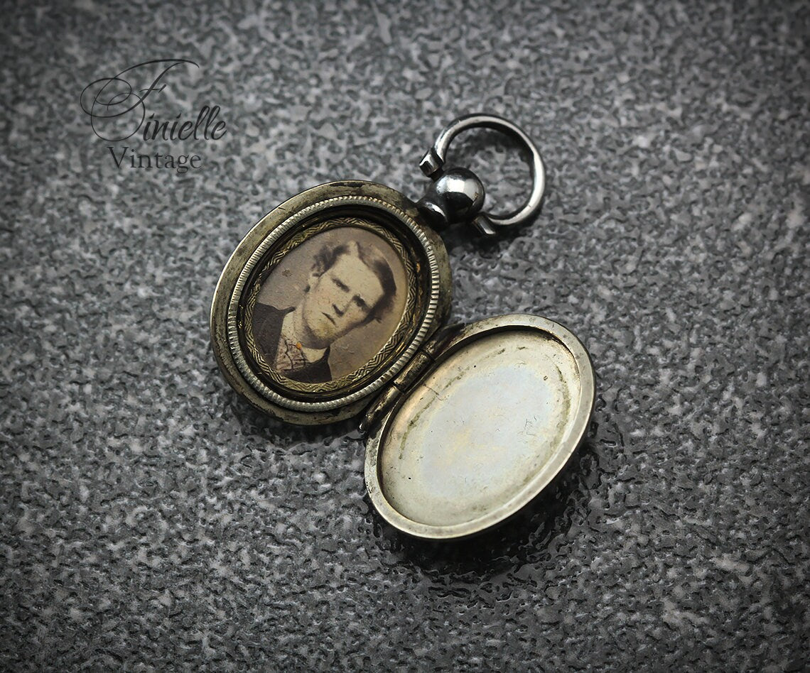 Antique Edwardian Era Photo Fob Locket Pendant, Silver Plated Brass, Sepia Photo, Floral Engraved, Antique Patina, Unique Jewelry Jewellery