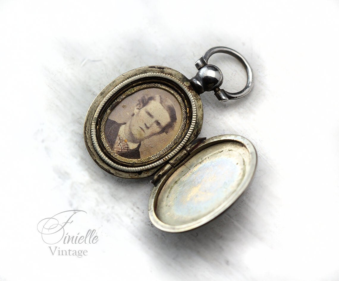 Antique Edwardian Era Photo Fob Locket Pendant, Silver Plated Brass, Sepia Photo, Floral Engraved, Antique Patina, Unique Jewelry Jewellery