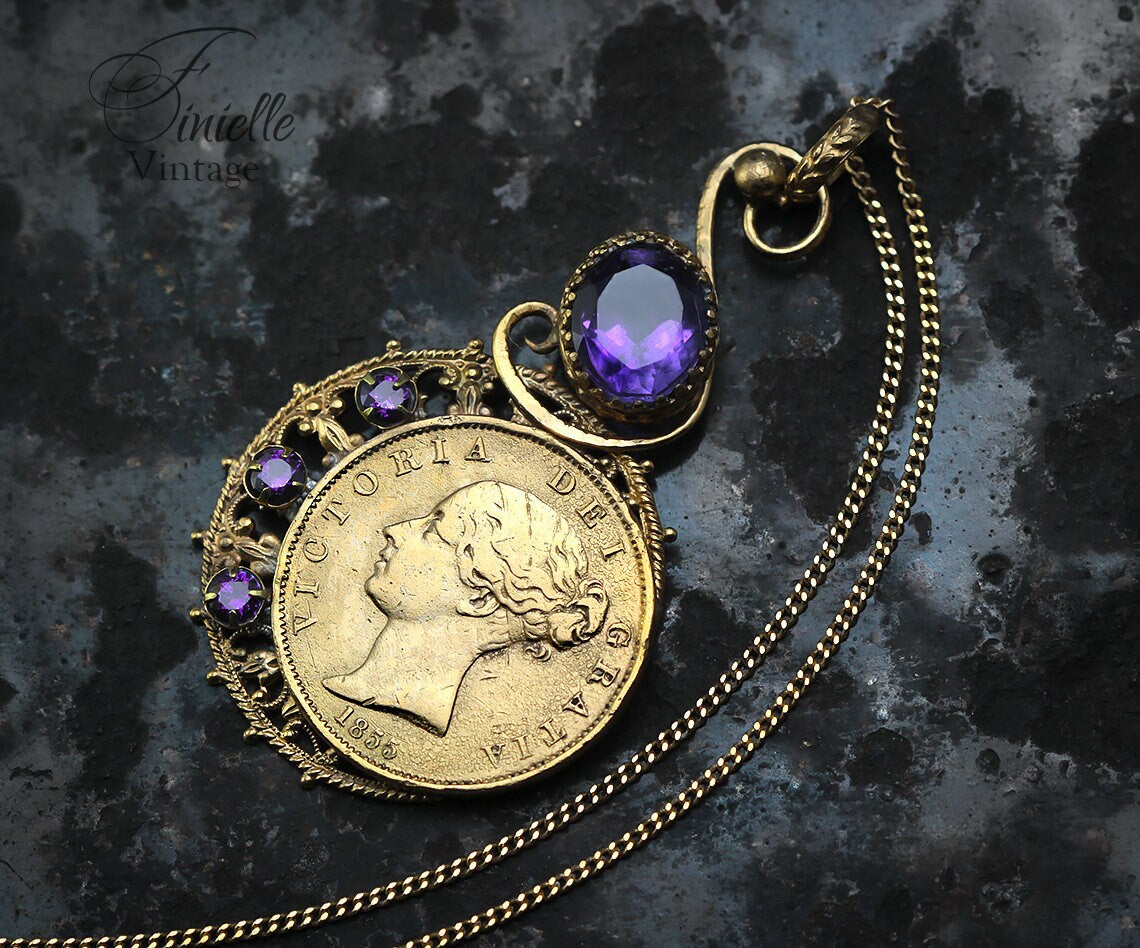 Antique Queen Victoria Young Head 1855 Penny Coin Pendant Necklace, Natural Amethyst and Cubic Zirconia, 18Ct Gold Plated, Unique Jewellery