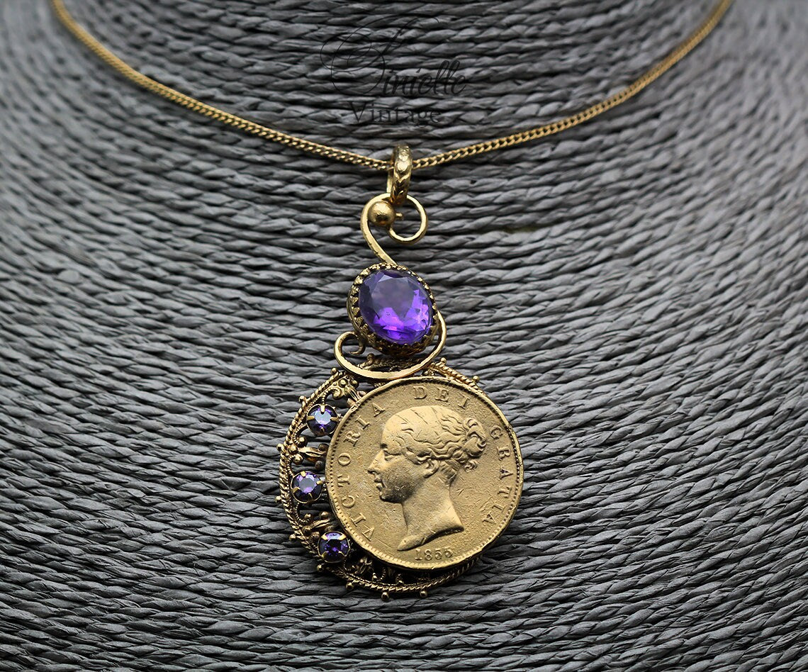 Antique Queen Victoria Young Head 1855 Penny Coin Pendant Necklace, Natural Amethyst and Cubic Zirconia, 18Ct Gold Plated, Unique Jewellery