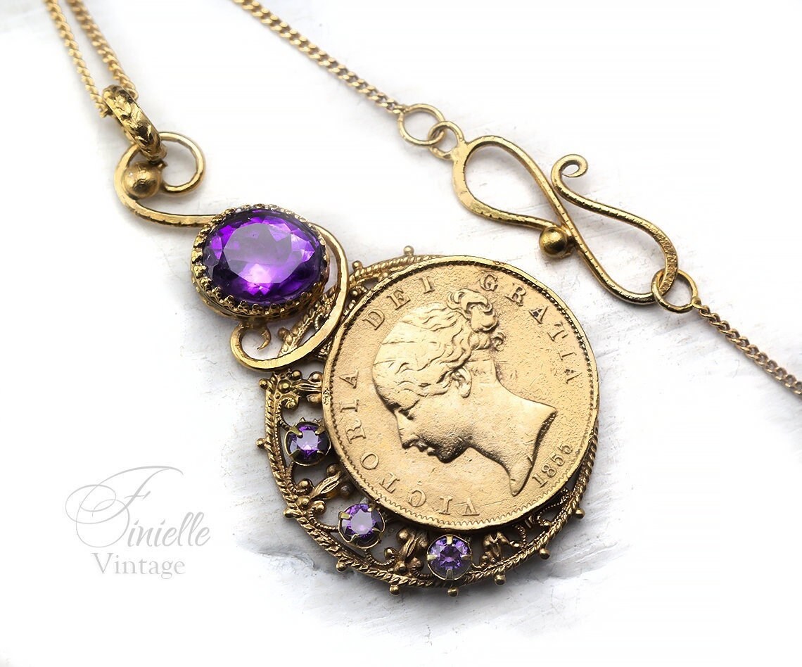 Antique Queen Victoria Young Head 1855 Penny Coin Pendant Necklace, Natural Amethyst and Cubic Zirconia, 18Ct Gold Plated, Unique Jewellery