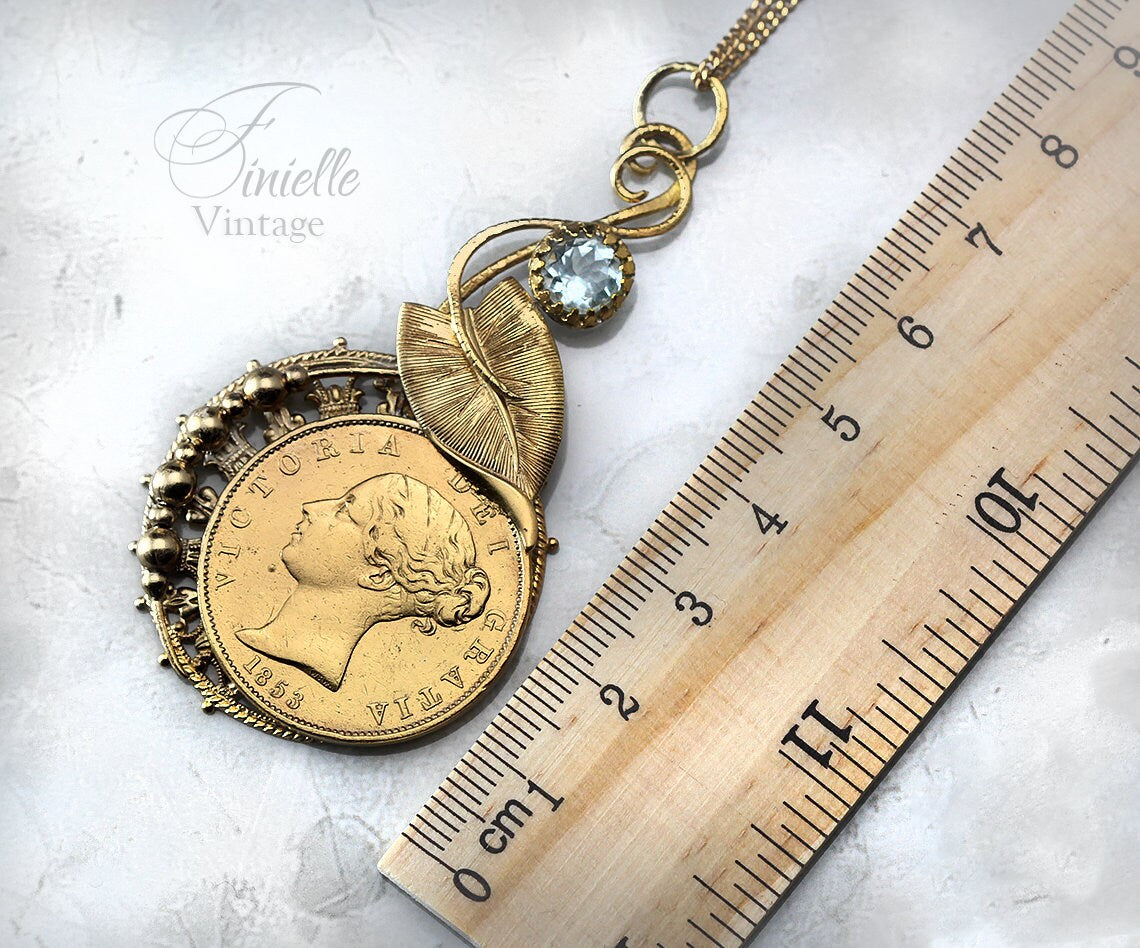 Antique Queen Victoria Young Head 1853 Penny Coin Pendant Necklace, Natural Aquamarine, 24K Gold Plated, Unique Jewellery