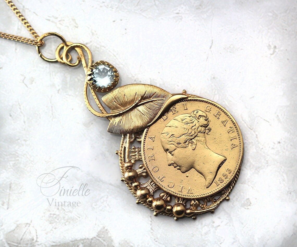 Antique Queen Victoria Young Head 1853 Penny Coin Pendant Necklace, Natural Aquamarine, 24K Gold Plated, Unique Jewellery