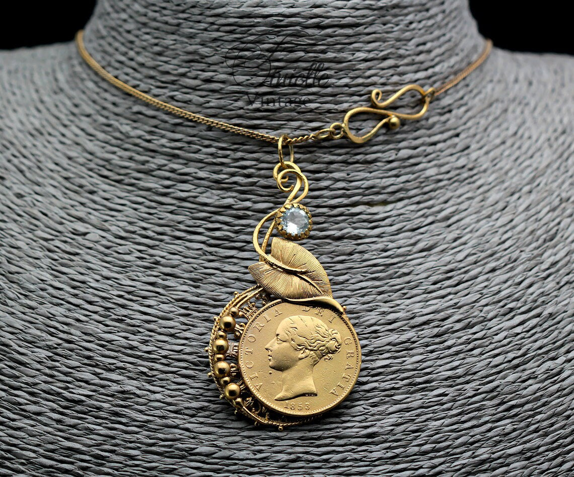 Antique Queen Victoria Young Head 1853 Penny Coin Pendant Necklace, Natural Aquamarine, 24K Gold Plated, Unique Jewellery
