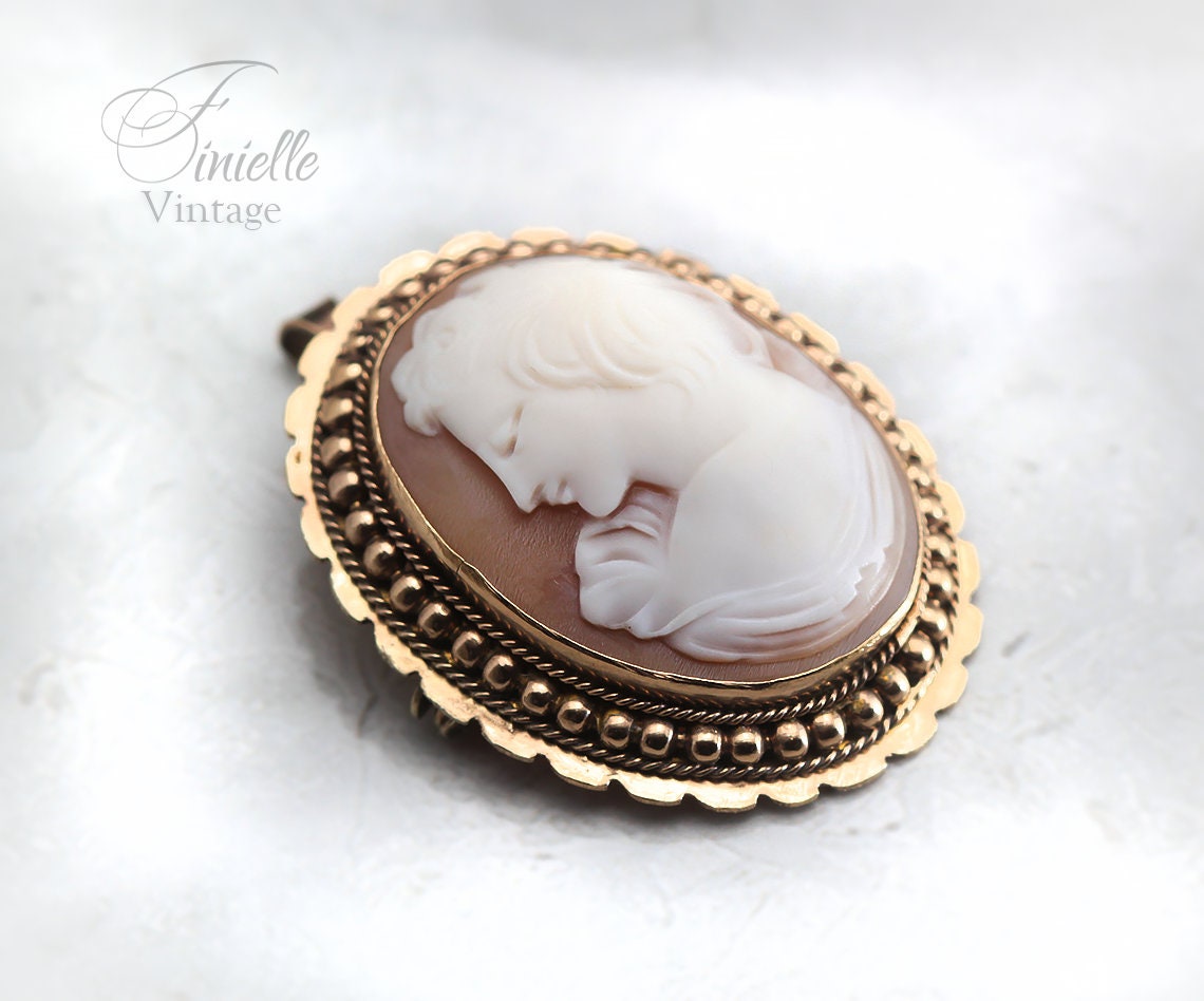 Vintage Art Deco c1920-1930, Hand Carved Shell Cameo Brooch Pin Pendant, Ornate Filigree, Gold Plated, Unique Gift Jewelry Jewellery