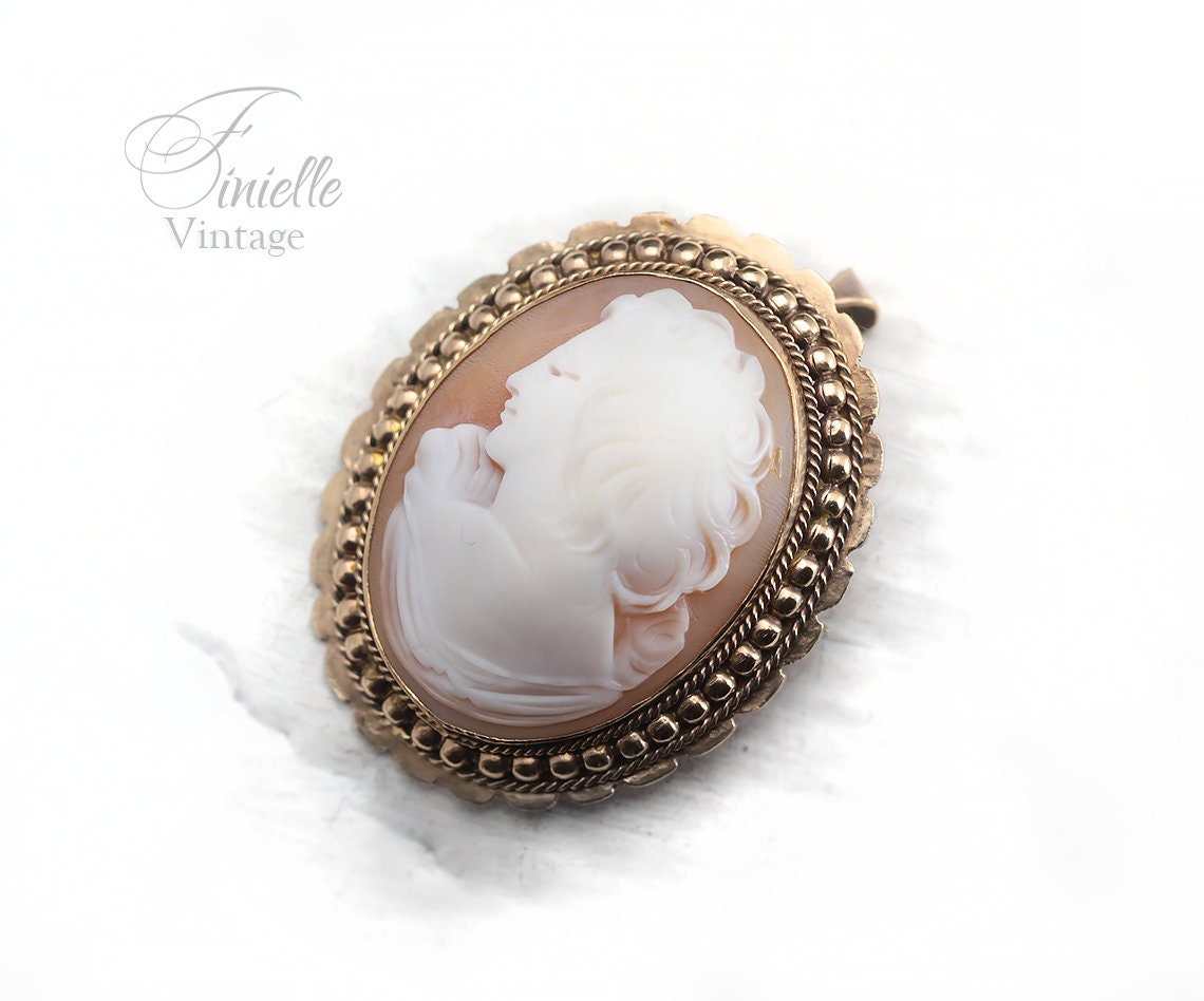 Vintage Art Deco c1920-1930, Hand Carved Shell Cameo Brooch Pin Pendant, Ornate Filigree, Gold Plated, Unique Gift Jewelry Jewellery