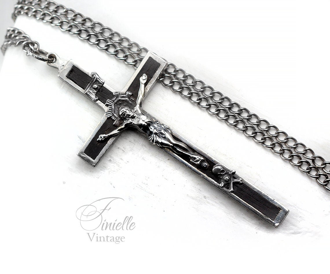 Antique, the Late 1800s Large Crucifix, Cross Catholic Medallion Necklace Pendant, Holy Charm, Silver Plated Brass, Ebony, Victorian, Gothic