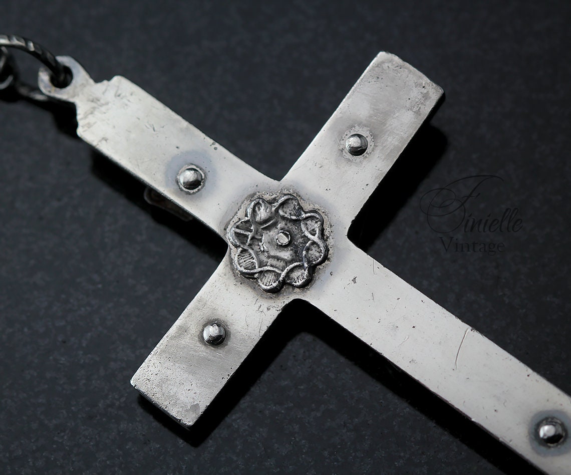 Antique, the Late 1800s Large Crucifix, Cross Catholic Medallion Necklace Pendant, Holy Charm, Silver Plated Brass, Ebony, Victorian, Gothic