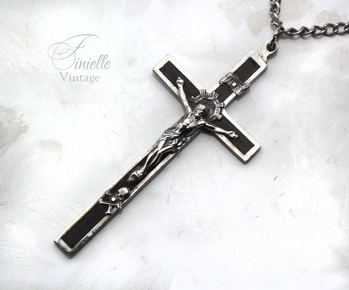 Antique, the Late 1800s Large Crucifix, Cross Catholic Medallion Necklace Pendant, Holy Charm, Silver Plated Brass, Ebony, Victorian, Gothic