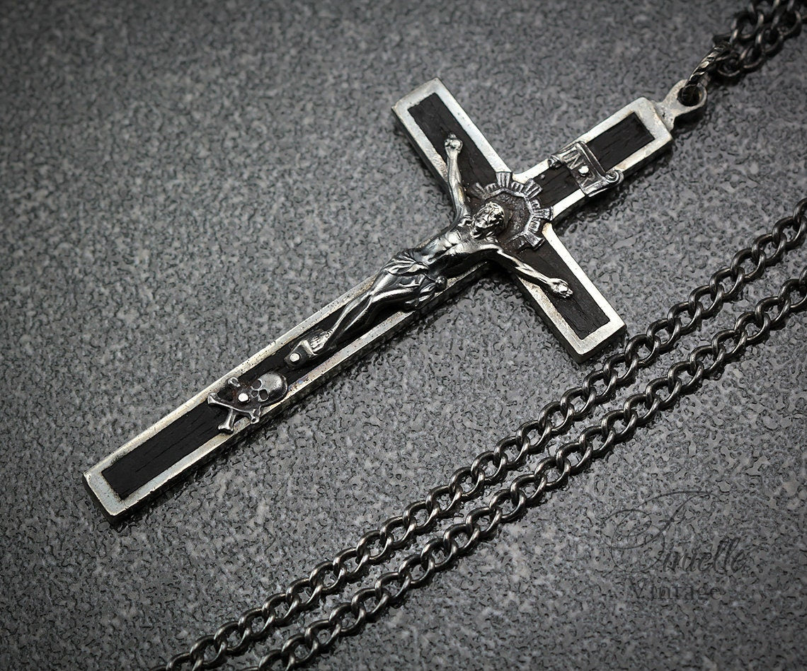 Antique, the Late 1800s Large Crucifix, Cross Catholic Medallion Necklace Pendant, Holy Charm, Silver Plated Brass, Ebony, Victorian, Gothic