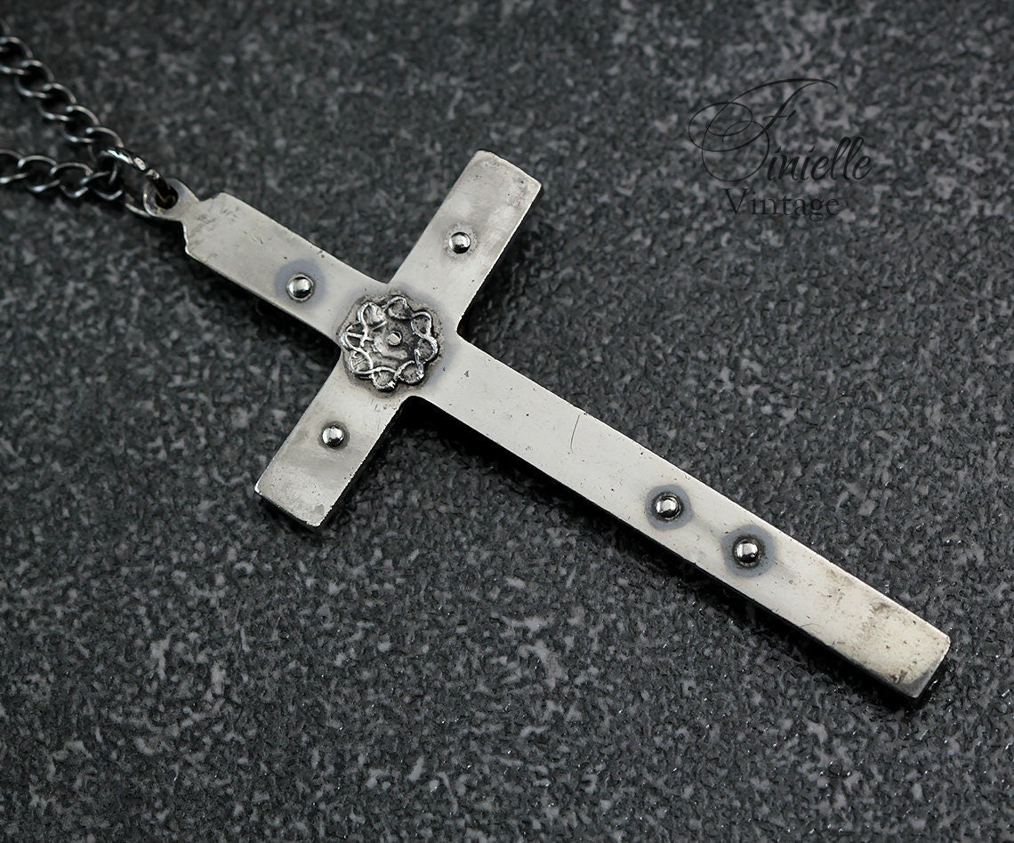 Antique, the Late 1800s Large Crucifix, Cross Catholic Medallion Necklace Pendant, Holy Charm, Silver Plated Brass, Ebony, Victorian, Gothic