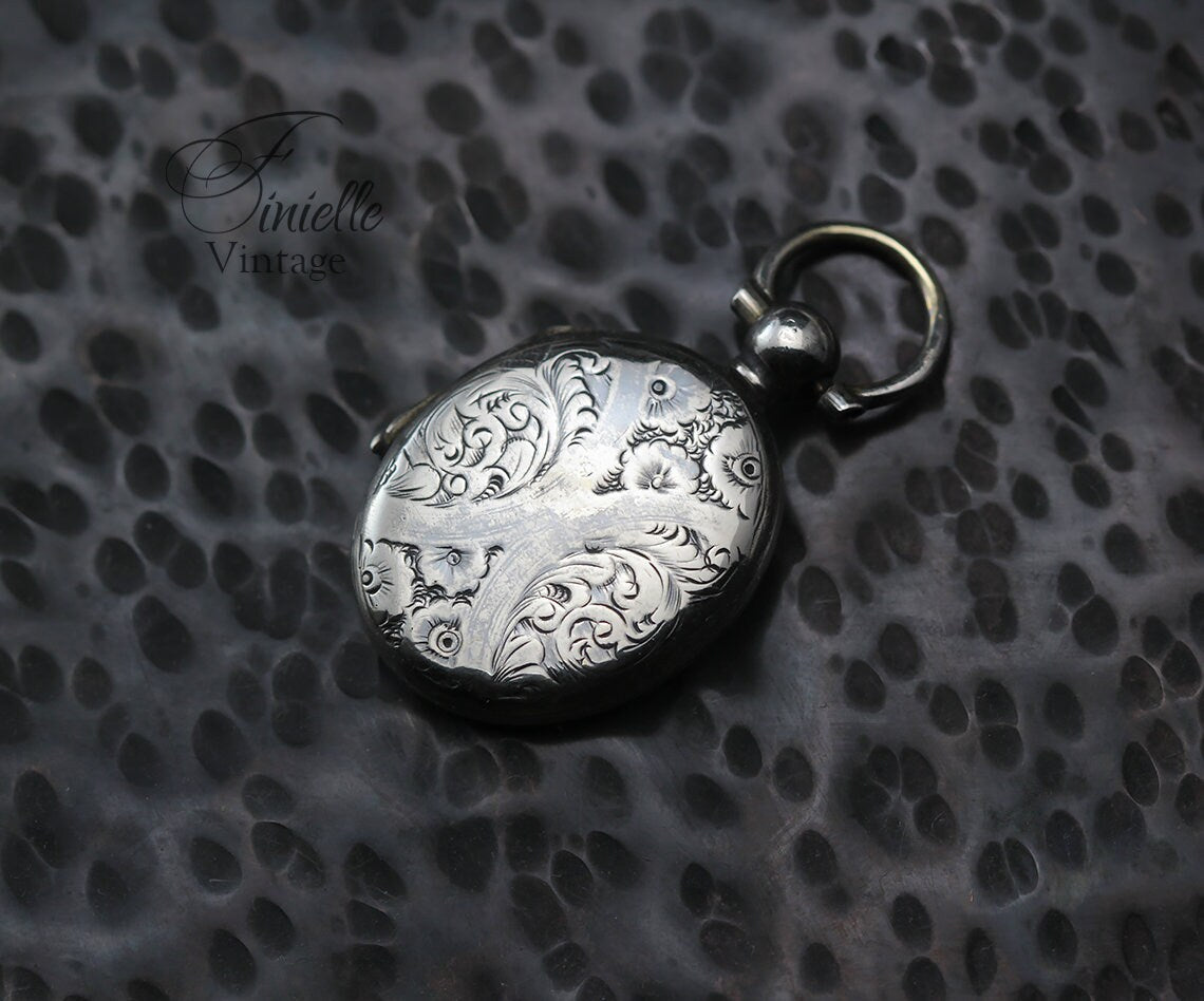Antique Edwardian Era Photo Fob Locket Pendant, Silver Plated Brass, Sepia Photo, Floral Engraved, Antique Patina, Unique Jewelry Jewellery