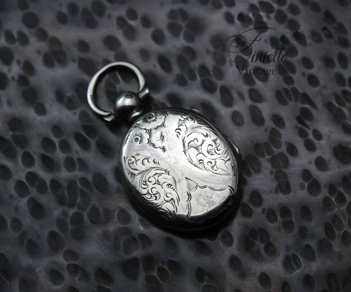 Antique Edwardian Era Photo Fob Locket Pendant, Silver Plated Brass, Sepia Photo, Floral Engraved, Antique Patina, Unique Jewelry Jewellery