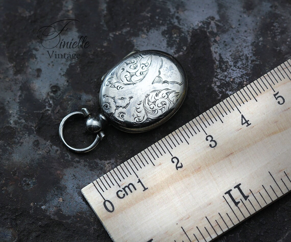 Antique Edwardian Era Photo Fob Locket Pendant, Silver Plated Brass, Sepia Photo, Floral Engraved, Antique Patina, Unique Jewelry Jewellery